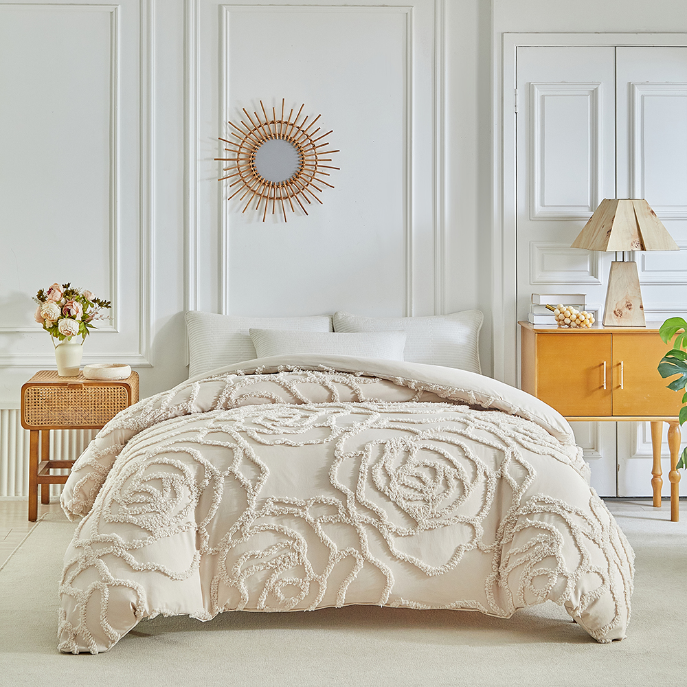 Linen Duvet Cover - 3pcs Khaki Rose Flower Duvet Cover